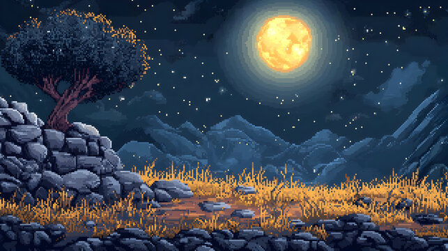 Nighttime pixel art landscape, a lone tree atop a rocky outcrop under a large moon.  Golden grasses and mountains stretch into the distance