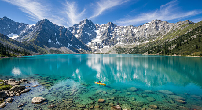 Epic panoramic landscape of a kayaker on a crystal clear turquoise alpine lake. A concept of adventure travel, freedom, and exploring a pristine mountain wilderness with snow-capped peaks.