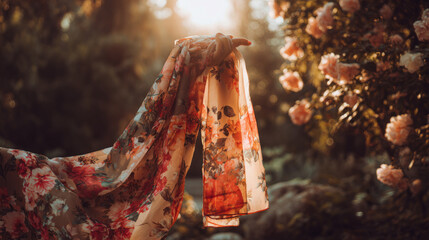 A woman's hand elegantly holding a vibrant floral scarf in a sunny garden setting.