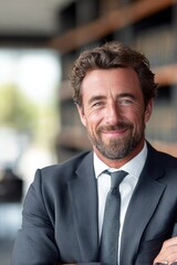 Fototapeta premium Professional Smiling Lawyer in Modern Suit Portrait in Stylish Office Setting with Copy Space
