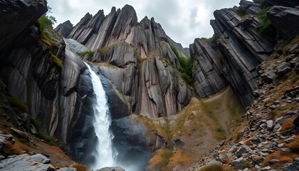 Majestic waterfall cascading down sheer, columnar basalt cliffs under a cloudy sky.