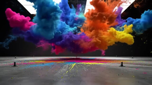 slow-motion hyperreal color cloud explosion over a reflective indoor floor, cinematic pigment burst