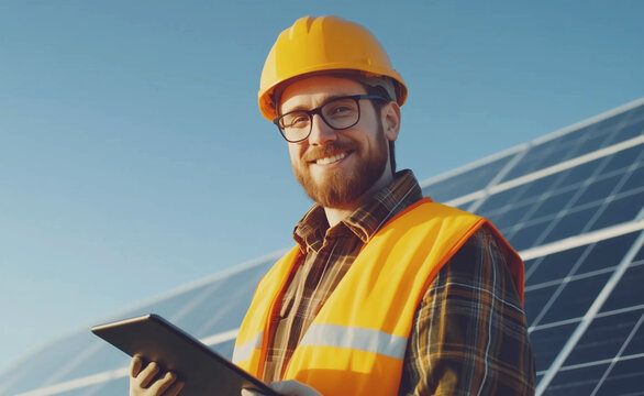 Energiewende in Deutschland - Ingenieur installiert Solaranlage f&uuml;r Solarstrom in Industrie
