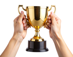  Two hands holding shiny golden trophy cup isolated on transparent background PNG