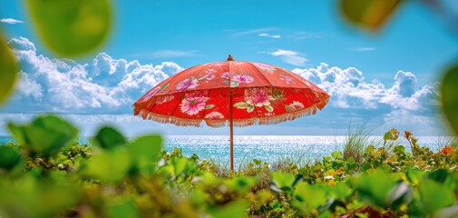 The vibrant beach umbrella contrasting against a beautiful ocean backdrop.