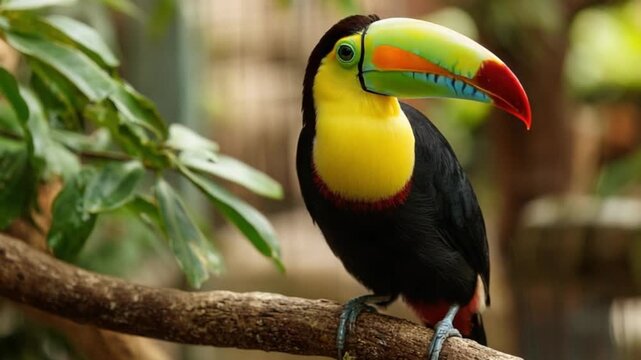 Brightly colored toucan perched on a branch, facing forward against a green backdrop