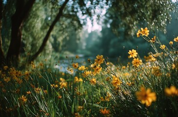 Summer Meadow Landscape - Sunlight Through Trees with Yellow Wildflowers Scenery