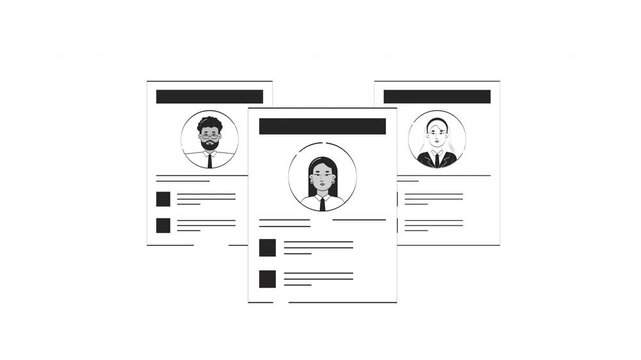 Job resume paper sheets with diverse candidates profiles outline 2D object doodle animation. Employee CVs. HR screening pages animated item isolated on white. Monochrome linear drawing 4K video