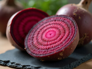 Macro Shot of Sliced Beetroot with Red Magenta Rings on Slate Kitchen Surface