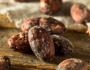 High-Resolution Close-Up of Raw Cocoa Beans on Rustic Wooden Surface &ndash; Organic Chocolate Ingredient