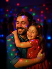 Father and Daughter Hugging Under Colorful Disco Lights at Party