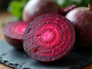 Raw Beetroot Cross-Section with Red Pink Rings on Slate Surface under Soft Daylight