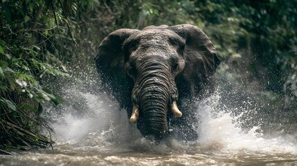Majestic elephant splashes through a river in a lush jungle, showcasing wildlife in its natural habitat