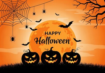 Spooky halloween scene with glowing jack o lanterns bats and a full moon