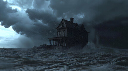 Storm-ravaged house on rising floodwaters.  Dark, ominous clouds and heavy rain surround a historic house, now adrift on surging water