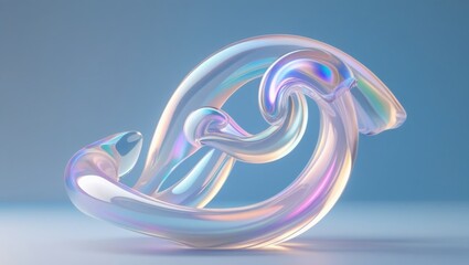 Fototapeta premium Abstract iridescent glass sculpture with swirling fluid shapes on a blue background