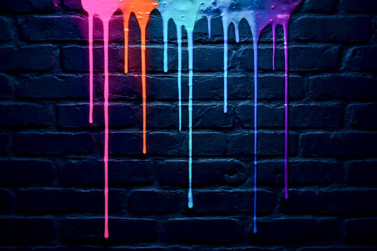 Neon dripping paint in gradient colors on dark brick wall