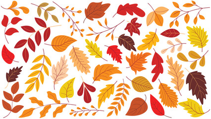 Autumn colorful leaves big set. Hand drawn collection of foliage and tree twigs in red, orange, yellow, brown colors. Warm autumn mood. Fall aesthetics, vector elements