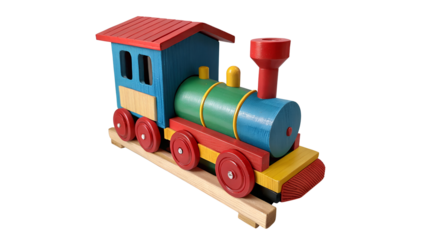 Colorful wooden toy train with red roof and blue cabin isolated on a transparent background