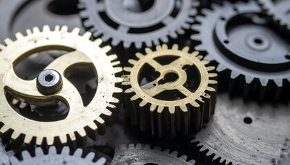 Gears closeup with metal, teamwork, and concept.