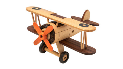 Wooden biplane toy with orange propeller and black insignia isolated on a transparent background