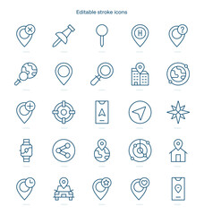 Location stroke icon. Location line icon set. editable stroke icon pack
