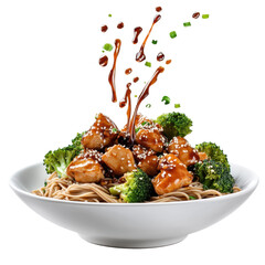 Delicious Asian-Inspired Chicken and Broccoli Noodle Bowl with Soy Sauce Drizzle on transparent background