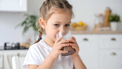 Girl drinking chocolate milk at home.