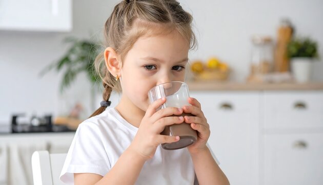 Girl drinking chocolate milk at home.