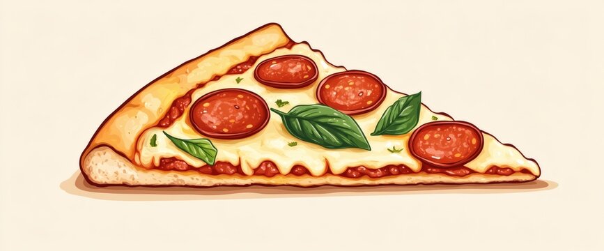A slice of pepperoni pizza with melted cheese and basil leaves on a plain background, in a colorful illustration style.