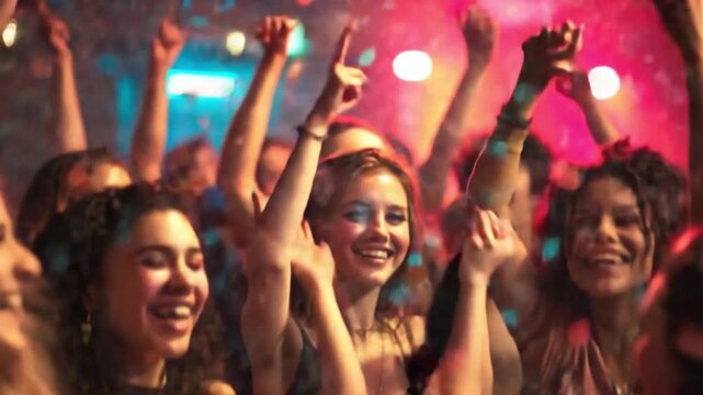 Dance Club Euphoria: A diverse crowd revels in the electrifying ambiance of a dance club.