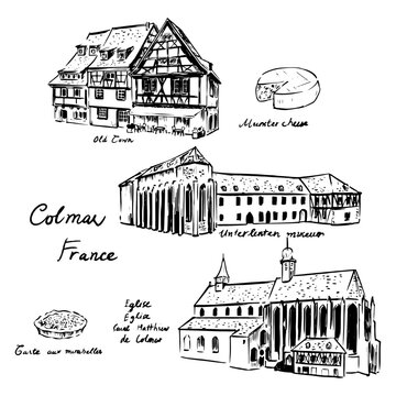 Colmar France Landmarks and Local Cuisine | Hand-Drawn Ink Illustration Featuring Unterlinden Museum, St. Matthew Church, Half-Timbered Houses, Munster Cheese, Mirabelle Plum Tart