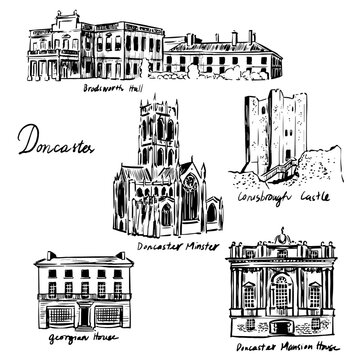 Hand-drawn black and white illustration of famous landmarks in Doncaster, UK &ndash; including Brodsworth Hall, Conisbrough Castle, Doncaster Minster, Mansion House, and a Georgian house.