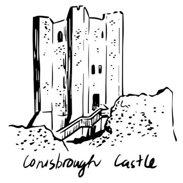 Line drawing of Conisbrough Castle, a medieval Norman fortress in Doncaster, Yorkshire, featuring a round keep and stronghold ruins in expressive hand-drawn black-and-white style.
