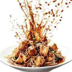 Delicious Chicken Stir-Fry with Soba Noodles and Soy Sauce Splash in a White Bowl on transparent background