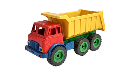 Naklejka premium Brightly Colored Plastic Toy Dump Truck isolated on a transparent background image