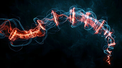 Abstract swirling, energy-like forms in red and blue, on a dark background.  Intricate, flowing patterns create a dynamic, ethereal effect