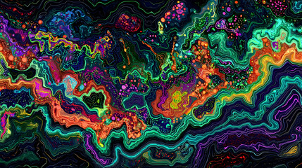 Abstract swirling patterns of vibrant colors, like a cosmic landscape, layered with textured lines and dotted accents