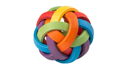 Interlocking colorful wooden rings forming a sphere isolated on a transparent background