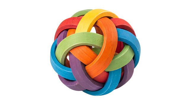 Interlocking colorful wooden rings forming a sphere isolated on a transparent background - Powered by Adobe