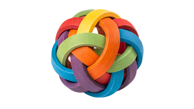 Interlocking colorful wooden rings forming a sphere isolated on a transparent background - Powered by Adobe