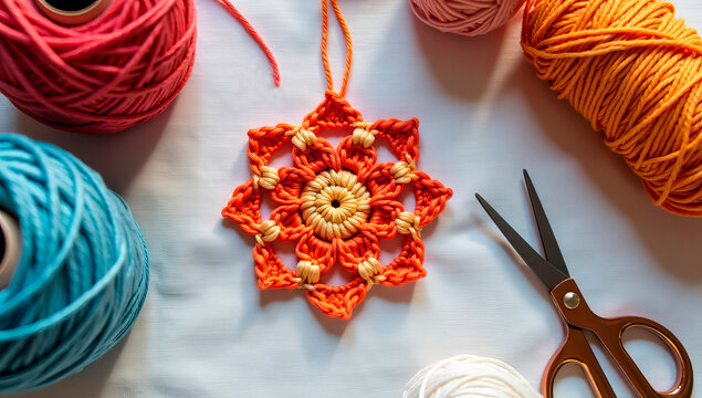 Close-up flat lay of a crochet flower motif in progress, surrounded by colorful spools of yarn and scissors 