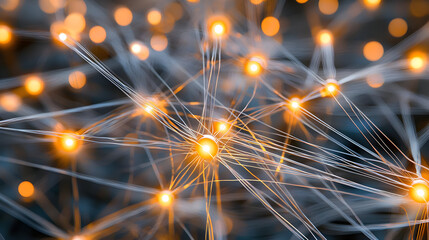 Abstract network of glowing nodes interconnected by threads.  Complex web of connections, highlighted by warm orange light