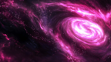 Cosmic whirlpool of vibrant pink nebulae swirling in dark space.  Detailed star clusters and glowing filaments