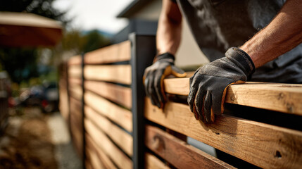 Man installing modern wood and metal slat fence, close-up on hands in gloves adjusting top panel – emphasizing entrance, privacy, and architectural design.