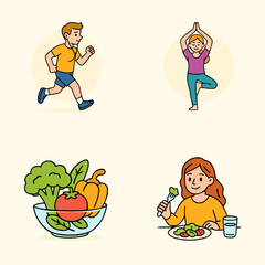 Vector icons of healthy habits: jogging man, yoga woman, vegetable salad bowl, and girl eating clean plant-based food