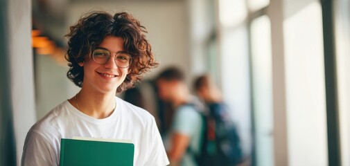 The smiling student holding a notebook while interacting with friends in a classroom.