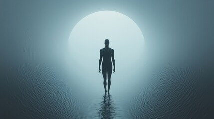 Obraz premium Silhouette of a Figure in Water Under a Large Ethereal Moon
