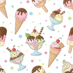 Sweeten your designs with this delightful ice cream pattern featuring colorful cones, cups, and popsicles