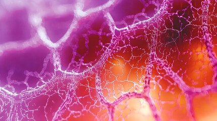 Intricate network of vibrant, translucent lines.  A complex,  organic pattern of veins or branches, highlighted in soft pinks and purples against a fiery orange background